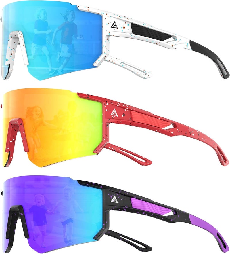 QALLY Store 3PACK Kids Sunglasses Youth Baseball Sunglasses for Boys Girls Age 4-14, Softball Cycling UV400 Protection Sports - Image 1